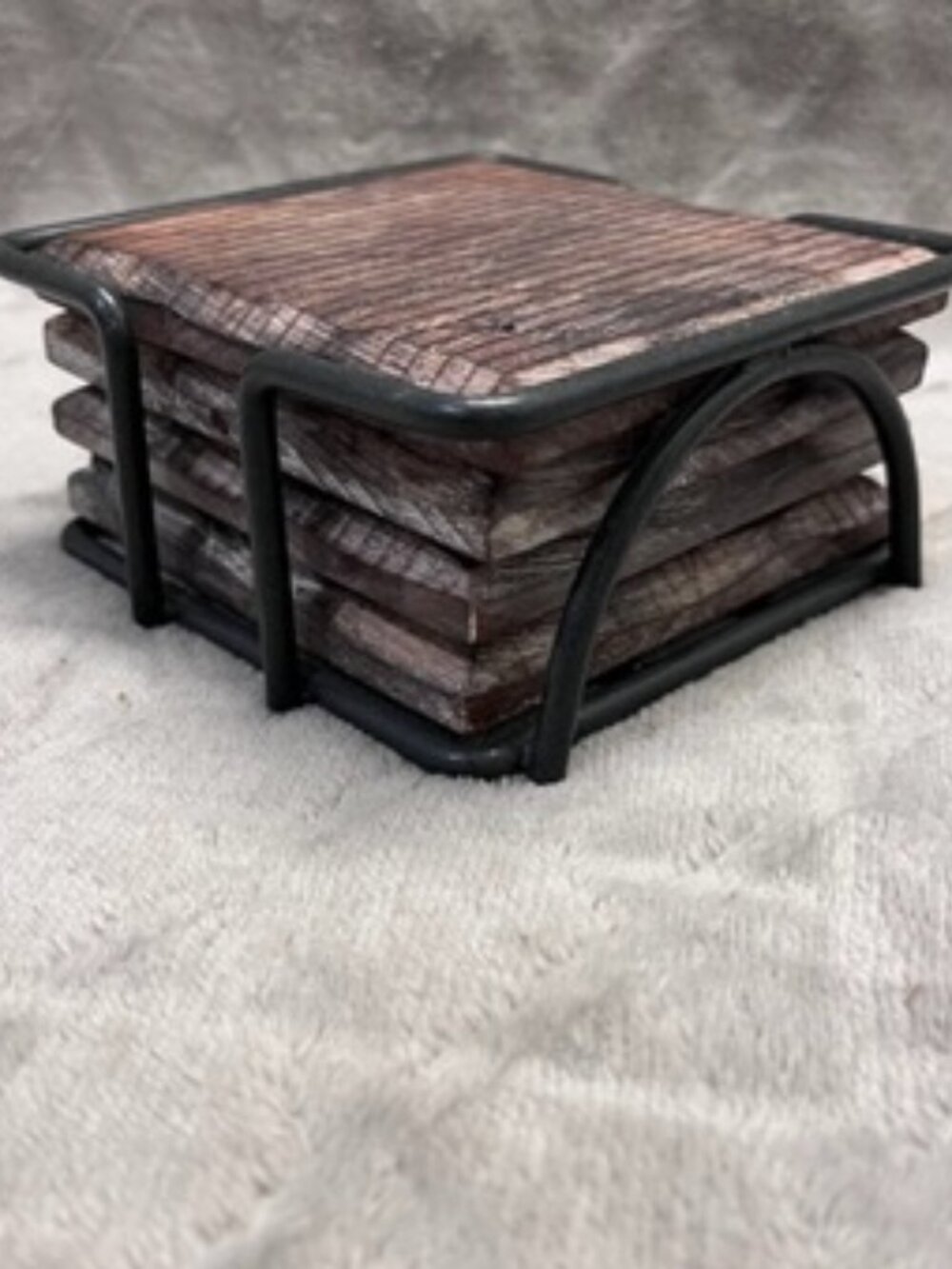Set of 4 Weathered Drink Coasters w/ Iron Holder Rustic Distressed Wood